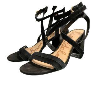 Sam Edelman Sammy Black Suede Block Heels Sandals‎ Gold Buckle Women’s 8.5
